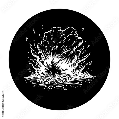 Dramatic volcano eruption illustration in black and white showcasing nature's power and geological wonders with artistic detail and flair