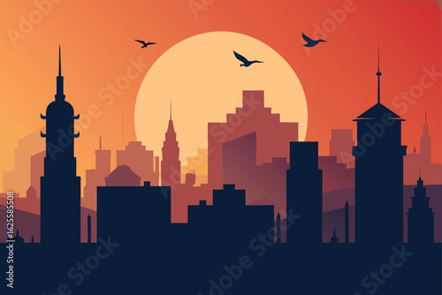 skyline with birds flying over rooftops  .eps