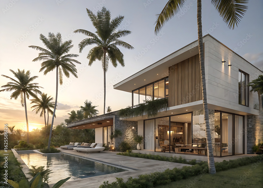 Modern luxury villa with infinity pool and palm trees at sunset isolated on white background Modern luxury villa with infinity pool and palm trees at sunset isolated on white background