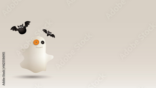 Minimalist 3D cute ghost and freaky bats decorated in Halloween theme with light brown background graphic illustration have blank space.