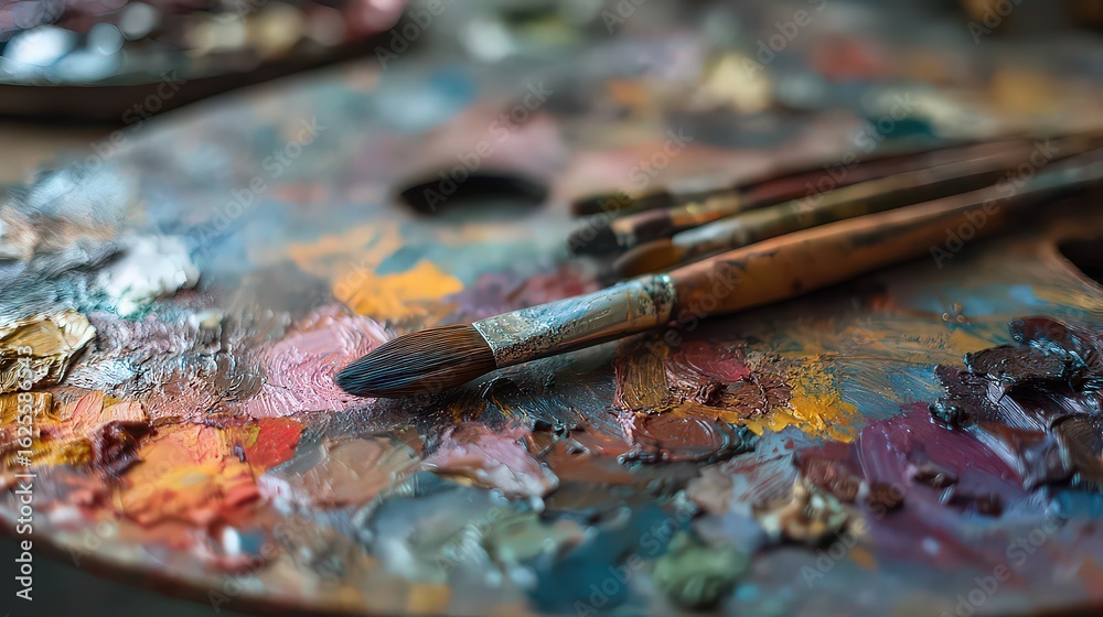 Naklejka premium Closeup Artist Palette With Paintbrushes And Mixed Colors