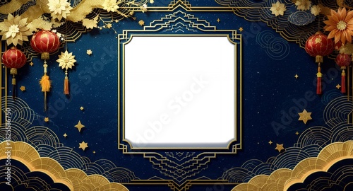 Elegant Gold Frame on Ornate Blue Background with Copy Space