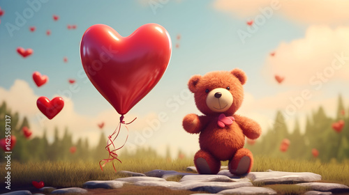 teddy bear with heart shaped balloons