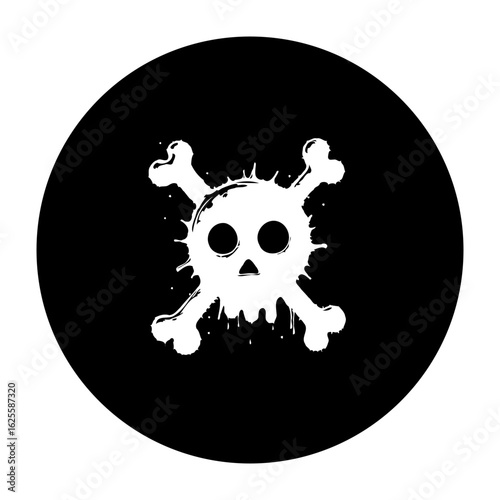 Stylized skull and crossbones design on black circle background creates a striking and impactful symbol