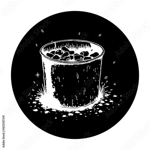 Monochrome illustration of a can overflowing with beans isolated on a dark background showcasing minimalist art