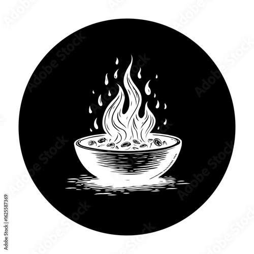 Mystic bowl illuminated flames spiritual ritual sacred fire illustration esoteric symbol conceptual drawing