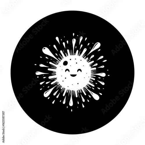 Whimsical coronavirus illustration showcasing cute expression within dark circle background offers visually engaging representation virus
