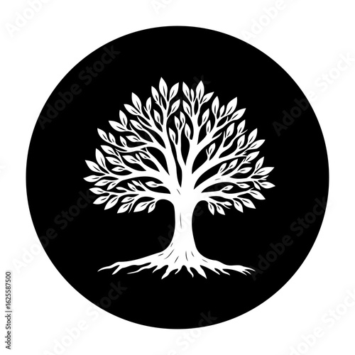 Elegant white tree silhouette against a black circle background providing a visually appealing contrast enhancing logo design