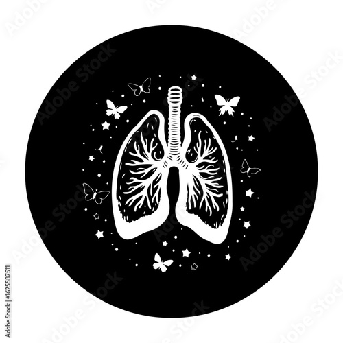 Creative illustration of human lungs with butterflies and stars symbolizing respiratory health and well being
