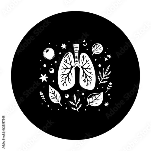 Human respiratory system illustration showcasing healthy lungs surrounded by decorative leaves and floral elements in monochrome