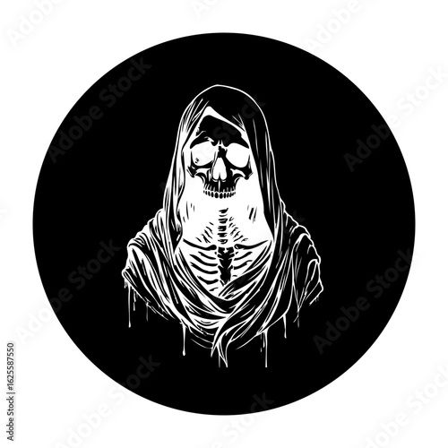 Ethereal grim reaper spectral figure hooded skeleton deathly cloak vector graphic illustration design art creepy dark symbolic for halloween concept