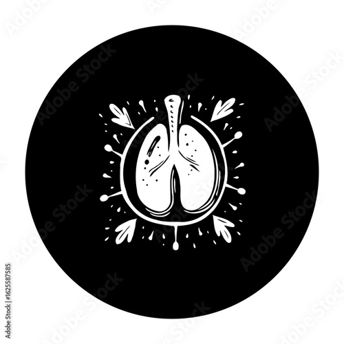 Abstract artistic monochrome illustration of lungs affected by viral pneumonia surrounded by viruses artistic representation