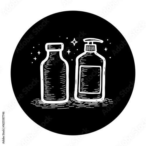 Illustrative minimalist skincare product design showcasing a bottle and dispenser within a circular frame emblem
