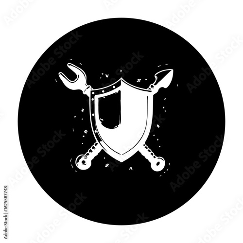 Hand drawn shield with crossed wrench and spear on black background illustration for design purposes