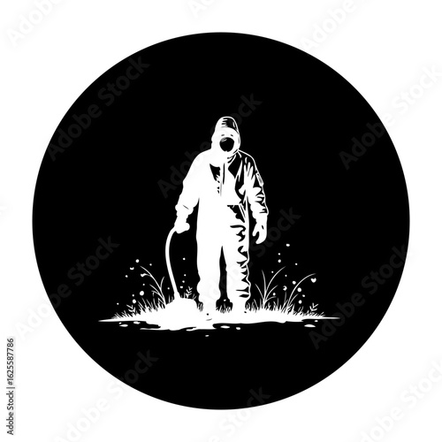 Silhouette illustration of person in hazmat suit spraying chemicals with garden grass on dark backdrop providing environmental health safety