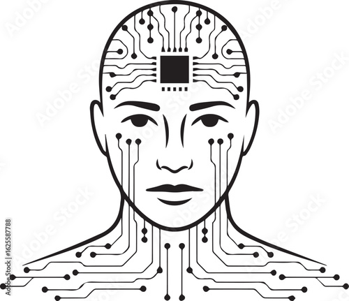 Abstract Face with Digital Circuit Pattern – Black and White Vector Illustration