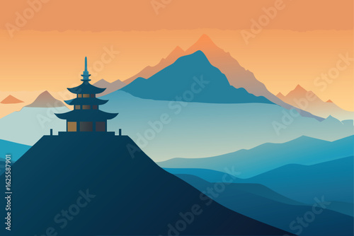 temple on mountaintop with misty background  .eps