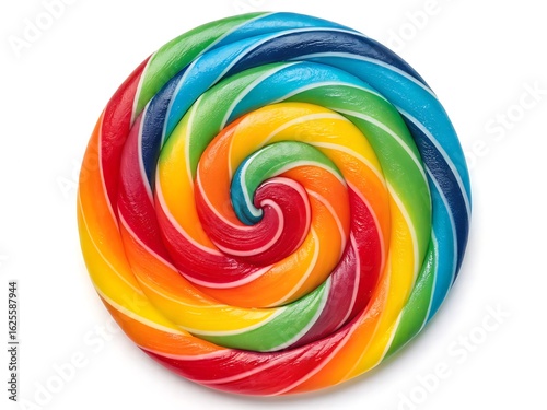 Colorful spiral candy swirl with glossy rainbow hues, abstract sweet vortex resembling a lollipop 
