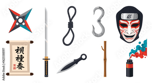 Illustration showing ninja equipment including a shuriken sword scroll mask and other weaponry
