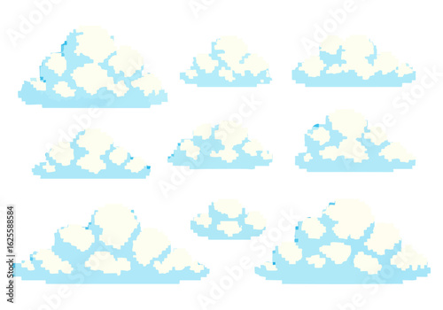 Pixel Style Cloud Icon Set, Isolated Background. Pixel Clouds for Game Background and Retro Design