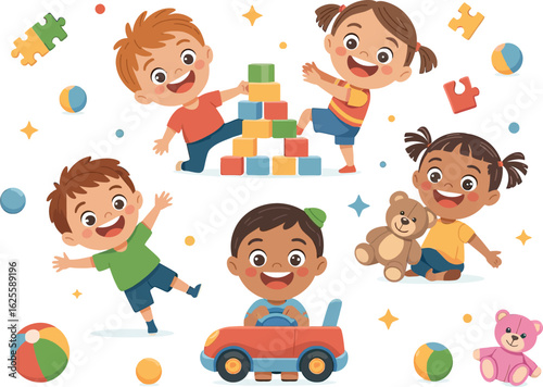 Children playing with toys and building blocks kids