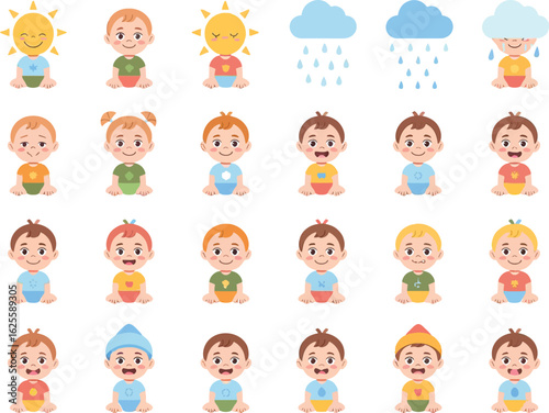 Collection of babies in different outfits and weather icons