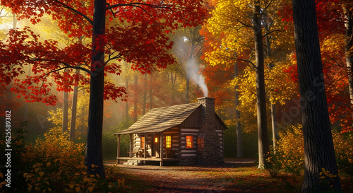 Idyllic autumn cabin retreat amidst vibrant foliage offering peaceful seclusion