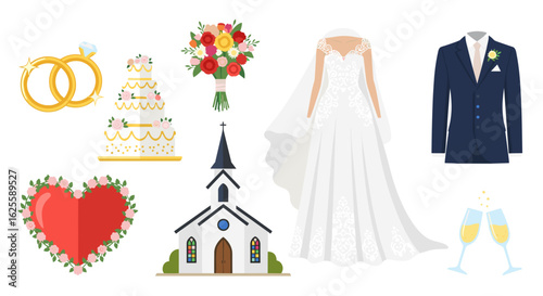 Illustration of wedding elements including rings cake bouquet dress suit church and champagne flutes