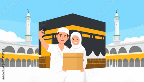 Smiling Muslim Couple on Hajj or Umrah Pilgrimage at Kaaba in Mecca. Islamic Celebration and Journey Illustration.