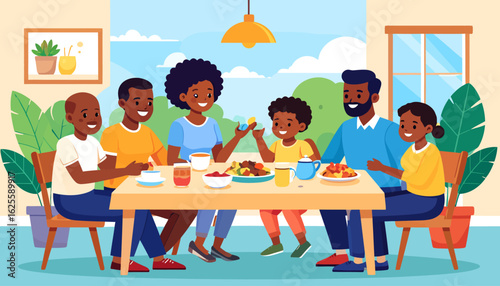Joyful African American Family Dinner Illustration