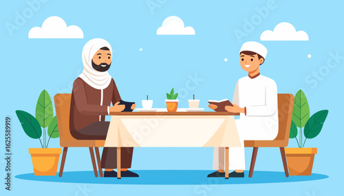 Two Muslim men in traditional attire having a friendly discussion over coffee, representing cultural connection.