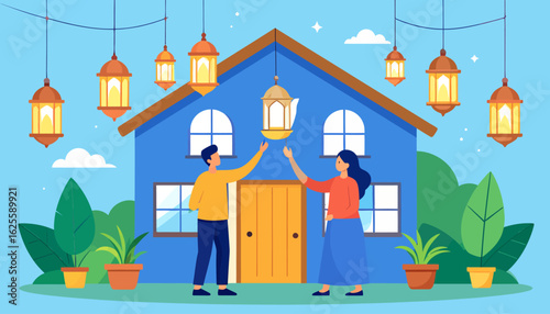 Couple decorating home with festive lanterns, preparing for celebration. Flat illustration of house and people hanging lights.