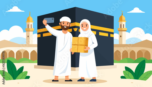 Happy Muslim Pilgrims Taking Selfie at Kaaba. Hajj and Umrah pilgrimage in Mecca, flat vector illustration.