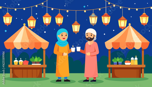 Festive night market scene with a couple toasting drinks, surrounded by stalls and illuminated by hanging lanterns. Cultural celebration illustration.