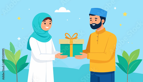 Happy Muslim Man and Woman Exchanging Gift Box. Celebration, Generosity, and Kindness.