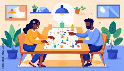 Joyful diverse couple playing a strategy board game at home, leisure activity, flat illustration