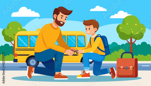 Father sending son to school by bus. Caring parent and happy child with backpack. Back to school illustration.