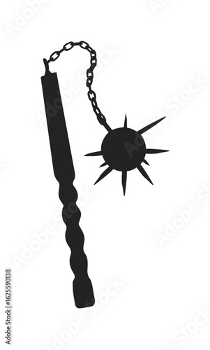 Silhouette image of a medieval flail weapon, featuring a spiked ball and handle.