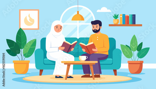 Couple reading together on a couch in a cozy living room.