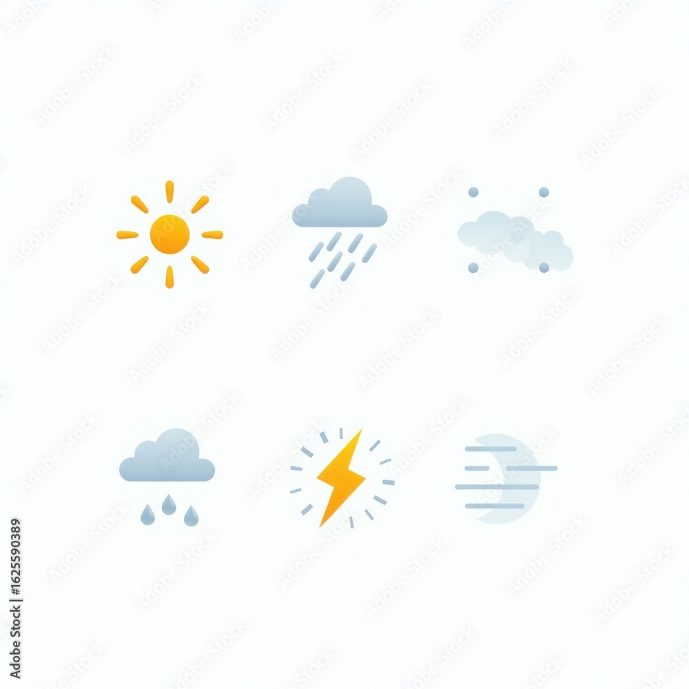 Obraz premium A collection of modern weather forecast icons. A set of symbols for meteorology including sun, cloud, rain, snow, and storm.