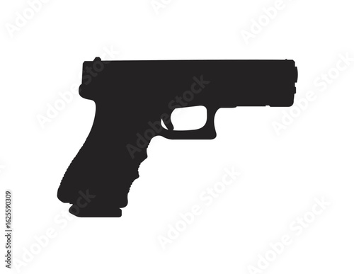 A black silhouette of a semi-automatic handgun, displayed against a white background.