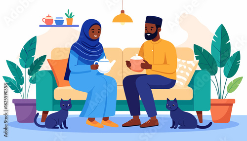 Couple sitting on a couch together with cats in a cozy living room.