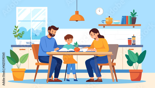 Family sitting together at a table in a cozy kitchen.