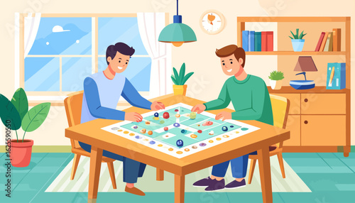 Two men engaged in a board game at a wooden table indoors.