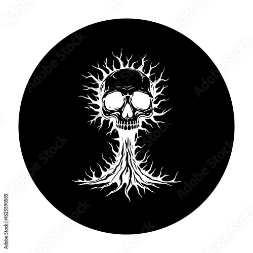 Canvas Print Dramatic representation of human mortality blending a skull with tree roots in a