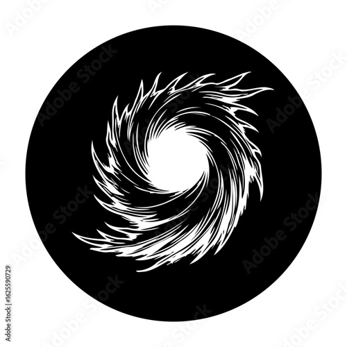 Whirlwind of white energy vortex on a black background represents powerful forces and dynamic movement generating mystery