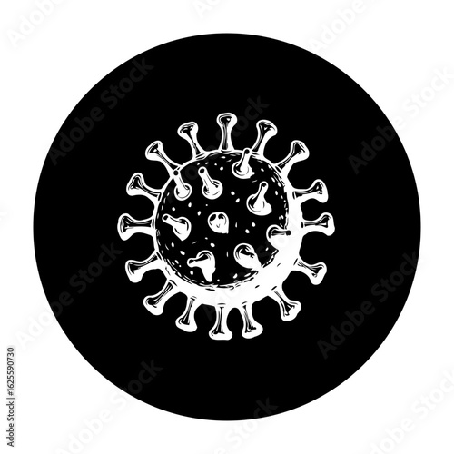 Illustrative representation of the coronavirus in monochrome emphasizing the health and science elements with stark contrasts