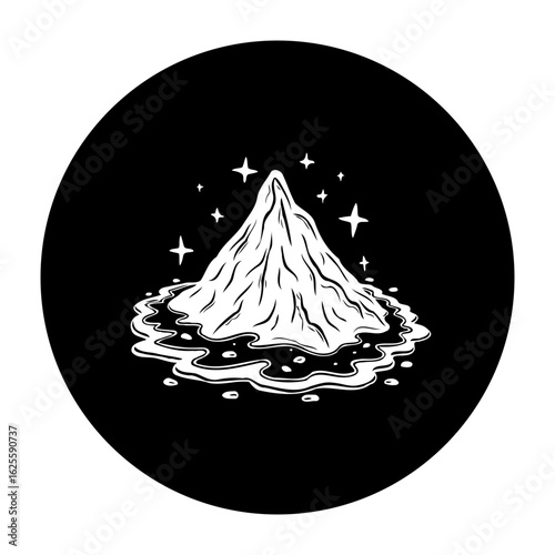 Enchanting mystical mountain illustration surrounded by shimmering waters and celestial stars emitting a magical aura and allure