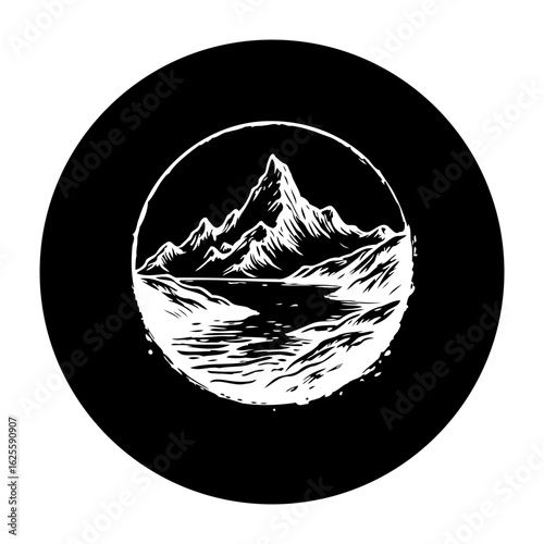 Majestic mountain landscape artwork in a circle showcasing nature's grandeur and inspiring wanderlust with its scenic charm