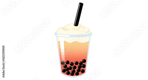 A vibrant illustration of a bubble tea drink in a clear cup.